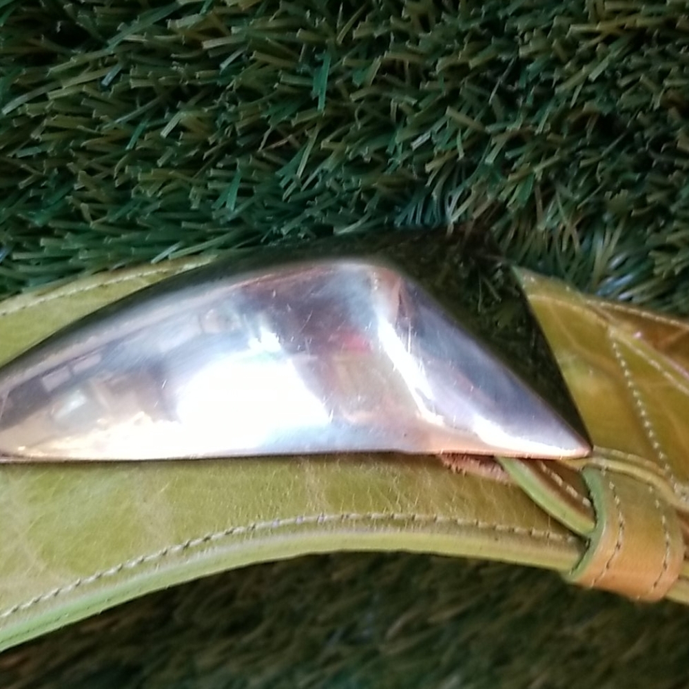 80's Vtg Leather Mod Brass Buckle Olive Pea Green 2.5" Waist BELT by DETAILS usa - Picture 12 of 13